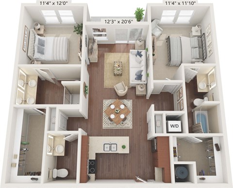 Floor plan for 2 beds, 2.5 baths, 1183 sqft